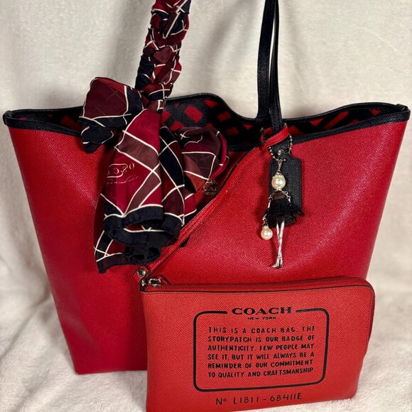 Coach Reversible Red and Black City Tote with Matching Pouch, Scarf and Charm - Picture 7 of 13